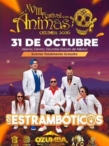 Afiche con los integrantes del grupo Los Estrambóticos, una calavera dorada y texto informativo del Festival de las Ánimas en Ozumba