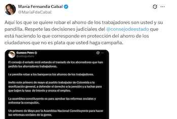 María Fernanda Cabal cuestionó al mandatario y exigió respeto por las decisiones judiciales del Consejo de Estado - crédito @MariaFdaCabal/X