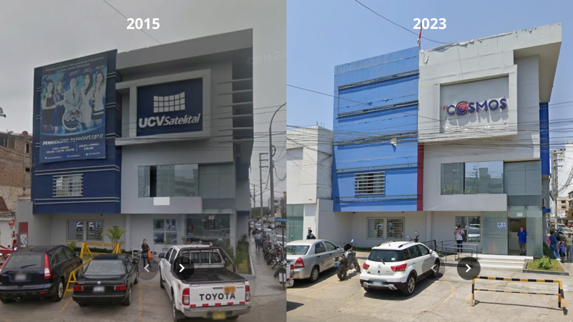 Imágenes de la fachada en 2015 y 2023, antes UCV Satelital, ahora Cosmos TV. Google Maps.