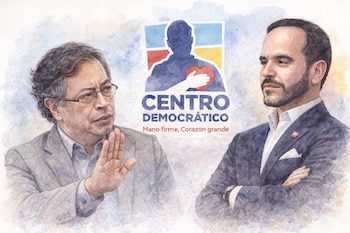 Ilustración acuarela de Gustavo Petro con gafas y mano derecha levantada, Abelardo de la Espriella con traje y brazos cruzados, y logo Centro Democrático.