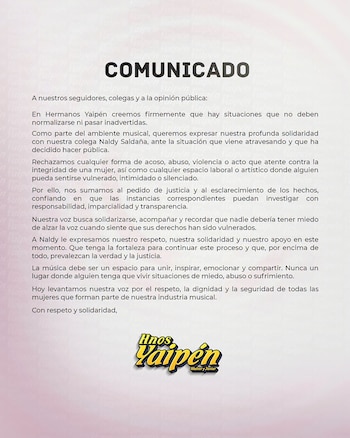Comunicado de texto en fondo blanco con encabezado negro "COMUNICADO", logo "Hnos Yaipén Walter y Javier" en amarillo y azul