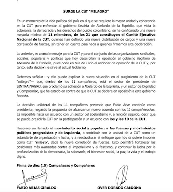 Fabio Arias, presidente de la CUT, denunció influencia del abelardismo