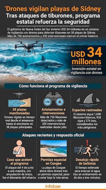 Infografía sobre vigilancia con drones en Sídney con datos, gráficos de tiburones, mapa costero, íconos explicativos y el logotipo de Infobae.