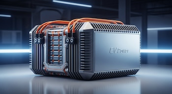 Una batería de auto eléctrico con la inscripción "EV Power" en un entorno oscuro y futurista, con detalles metálicos, conexiones naranjas y un brillo azul de fondo.