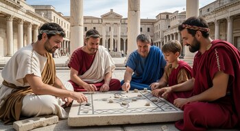 Cuatro romanos, tres adultos y un niño, sentados en un foro, juegan un juego de mesa en un tablero de piedra con patrones geométricos. Columnas y edificios romanos detrás.