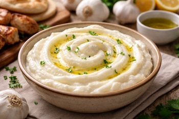Tradicional pasta de ajo y aceite de Líbano que realza carnes y platos del Medio Oriente con su textura esponjosa y sabor intenso (Imagen Ilustrativa Infobae)