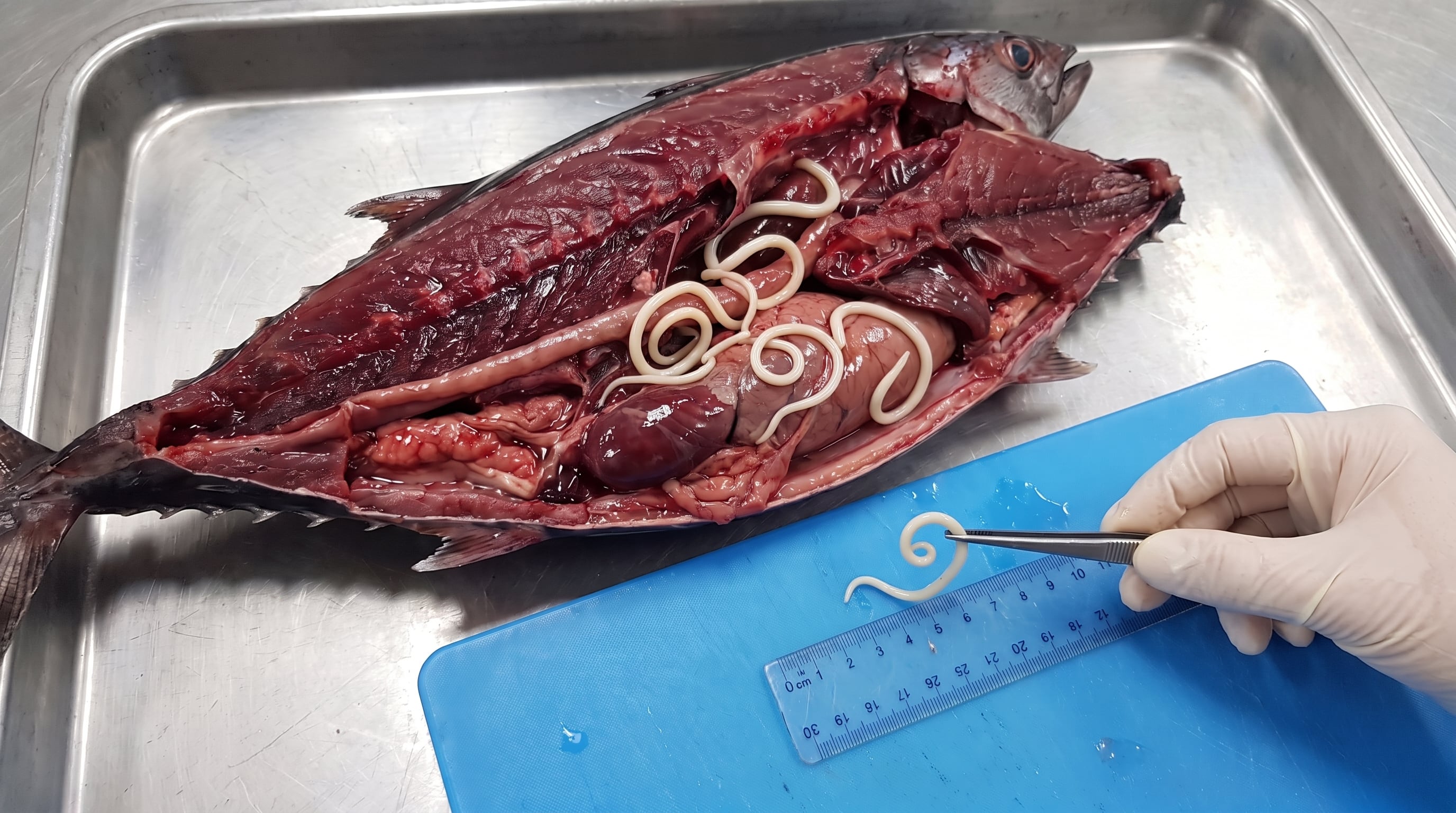 Un especialista examina varios gusanos parásitos extraídos de la cavidad abdominal de un pez durante una inspección sanitaria. (Imagen Ilustrativa Infobae)