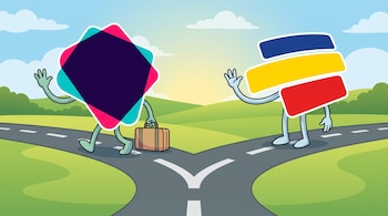 Dos personajes caricaturescos, con los logos de Nequi y Bancolombia, se despiden en una bifurcación de camino entre colinas verdes y cielo azul.