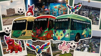 Collage de tres autobuses temáticos ('Tecuiche', 'Coyote', 'Tlacuache') con diseños de animales, balones de fútbol y un ajolote, sobre fotos de Ciudad Universitaria y calles con tráfico.