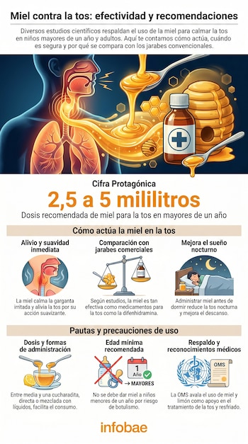 Infografía que muestra el sistema respiratorio humano, miel en cucharas, un tarro y colmenas, e iconos de recomendaciones médicas y la OMS.