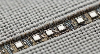 Vista macro de una banda de circuitos impresos con pequeños microchips y conectores dorados integrados en una tela gris tejida.