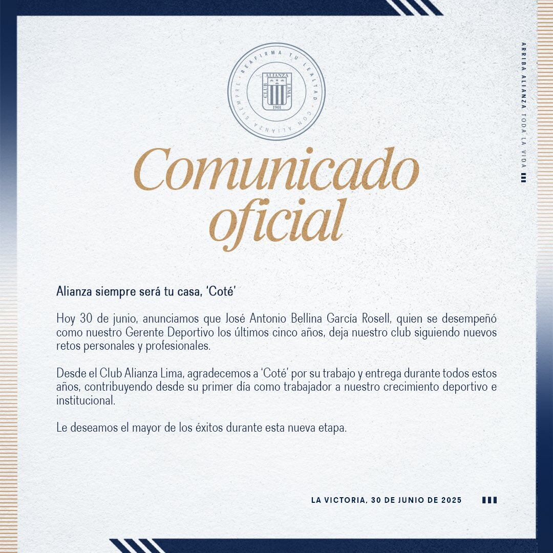 Alianza Lima se despidió de José Bellina. Crédito: X Alianza Lima