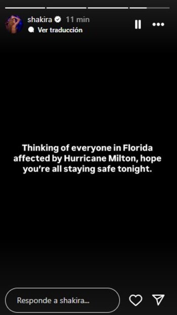 Shakira envío un mensaje de apoyo a los afectados por el huracán Milton, que se espera que llegue a las costas de la Florida este miercoles 9 de octubre - crédito @shakira/Instagram