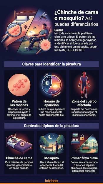 Infografía que compara picaduras de chinche de cama y mosquito, mostrando patrones de ronchas, horarios de aparición, zonas del cuerpo afectadas y contextos típicos.