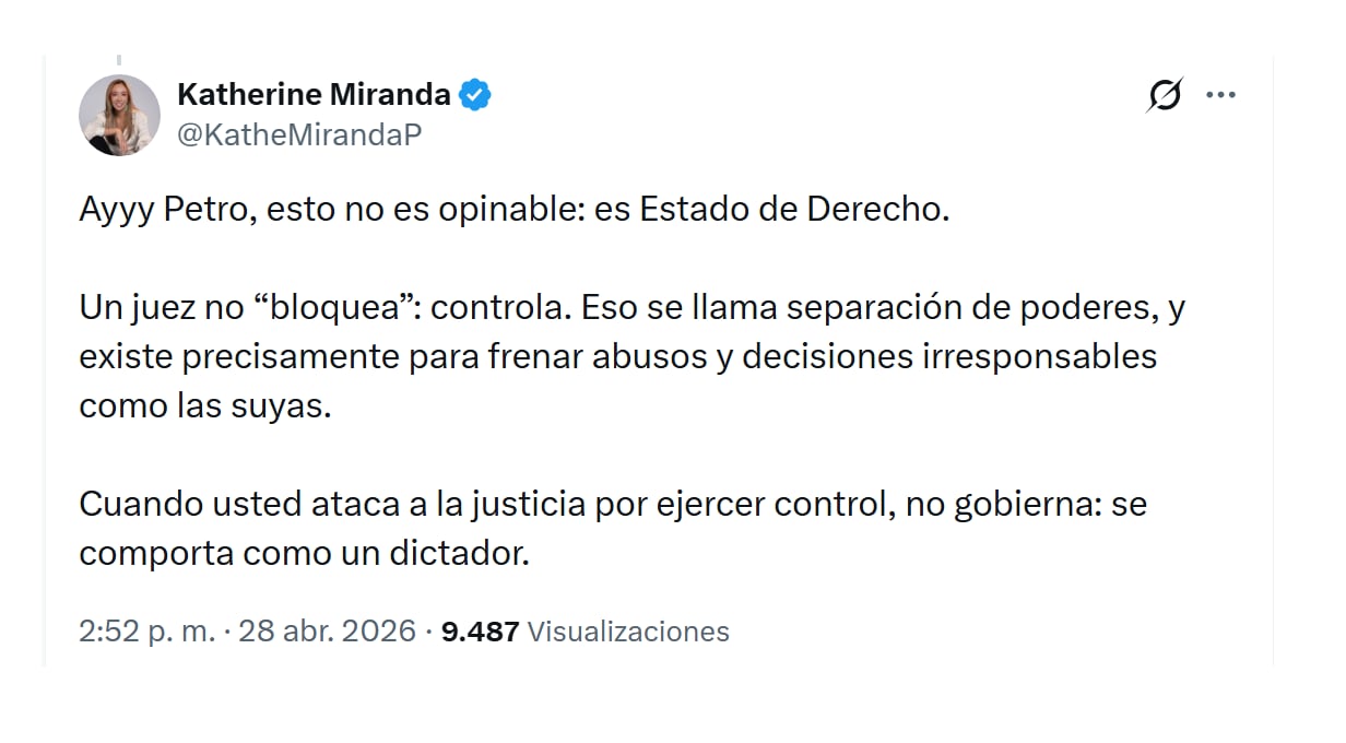 Con este mensaje en X, la representante Katherine Miranda reaccionó a mensaje de Gustavo Petro contra Consejo de Estado y cuestionó el irrespeto a la independencia de poderes - crédito @KatheMirandaP/X