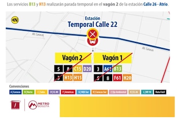 Las rutas 3, 5, 8, A61, B13, F61 y H20 dejarán de parar en el vagón 1 de Calle 22 durante las franjas de cierre - crédito Transmilenio