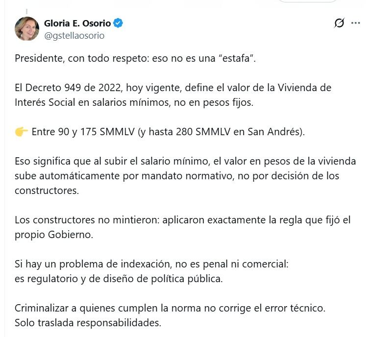 Gloria Osorio, abogada, aclaró que el aumento del precio de la vivienda está establecido por ley - crédito @gstellaosorio/X