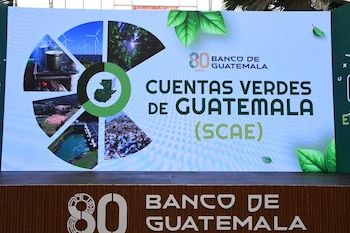 Pantalla con el texto Banco de Guatemala Cuentas Verdes de Guatemala y una gráfica circular con fotos ambientales y el mapa del país