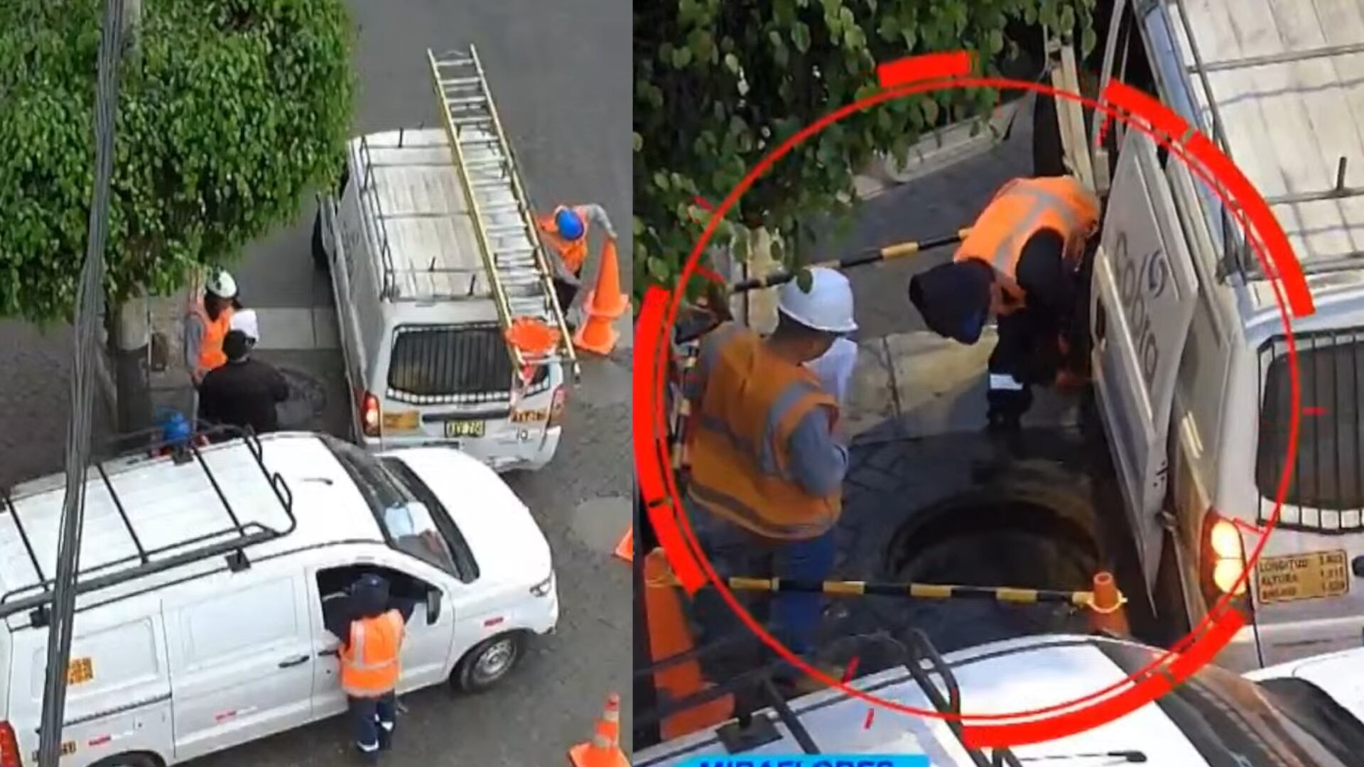 Los delincuentes utilizaban chalecos naranjas, cascos azules y una minivan con logotipo de empresa de telefonía para robar cables de cobre sin ser detectados en Miraflores. Foto: Composición Infobae Perú