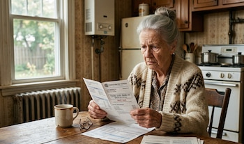 Anciana con cabello gris y suéter claro sentada en una mesa de cocina, leyendo una factura de gas Consolidated Edison de $298.40 que está vencida