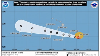Mapa meteorológico con el cono de trayectoria de la tormenta Moke, coordenadas geográficas, logos de la NOAA y el archipiélago de Hawái.
