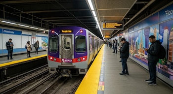 Vista frontal de un tren púrpura con el letrero 'Purple Line' en una estación subterránea. Personas esperan en el andén, mirando sus teléfonos.