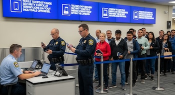 Agentes de CBP inspeccionan teléfonos y computadoras portátiles de viajeros en un control fronterizo; se ven pantallas azules con textos de advertencia.