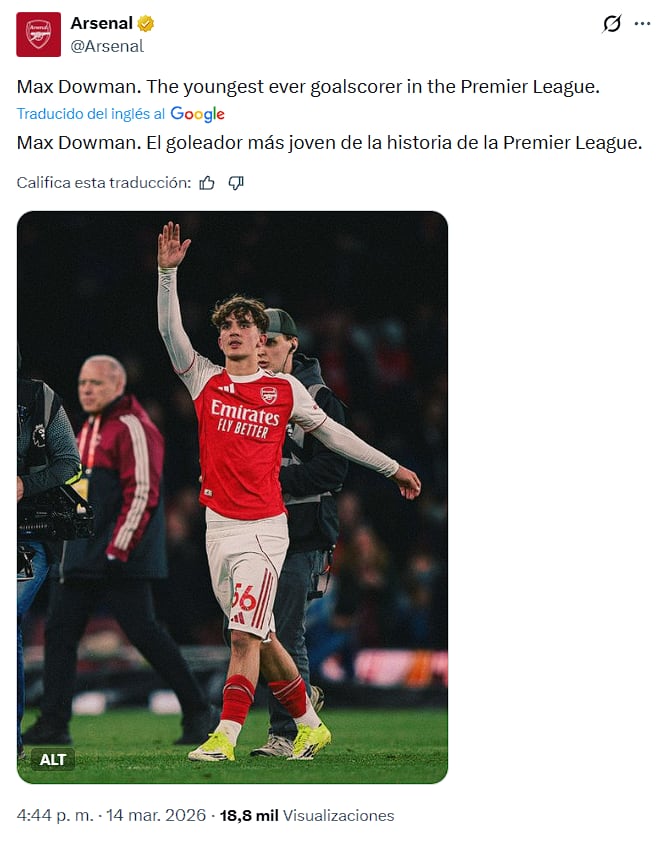 El mensaje del Arsenal para Max Dowman (Crédito: @Arsenal/X)