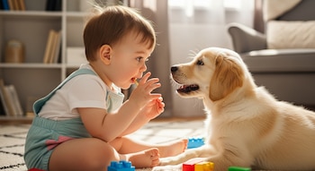 Un bebé con mameluco azul y camiseta blanca sentado en el suelo, mirando a un cachorro Golden Retriever tumbado. Hay bloques de juguete coloridos alrededor.