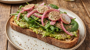Tostada de pan integral con palta, hojas verdes, cebolla roja encurtida, rábano en rodajas, semillas de cáñamo y lino molido sobre un plato.