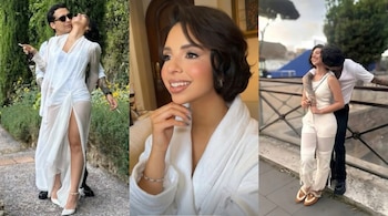 Collage horizontal: izquierda, mujer de blanco y hombre en jardín; centro, primer plano de mujer sonriendo en albornoz; derecha, pareja abrazada en exterior.