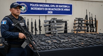 Un policía guatemalteco de la PNC con uniforme oscuro sostiene un rifle, de pie junto a una mesa llena de armas de fuego incautadas, con un cartel azul detrás.