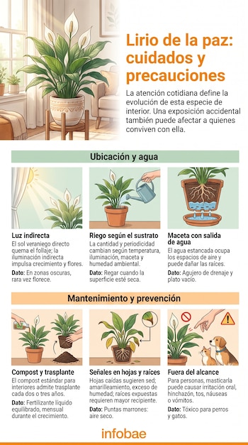 Infografía con ilustraciones de un lirio de la paz en maceta, un sol, una regadera, raíces y mascotas junto a textos explicativos.