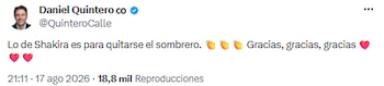 Daniel Quintero elogia la solidaridad de Shakira tras su visita al Chocó - crédito @QuinteroCalle/X