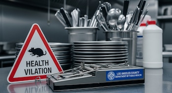 Trampa para ratas de metal y cartel "Health Violation" con ícono de rata en cocina. El logo de Los Angeles County Department of Public Health es visible.