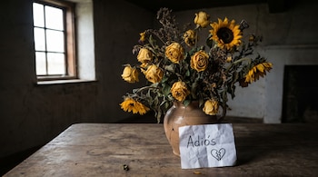 Arreglo de flores amarillas marchitas (rosas y girasoles) en un jarrón agrietado sobre mesa de madera. Una nota con 'Adiós' y un corazón roto está al frente.