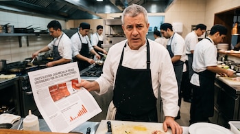 Un chef con delantal negro sostiene un papel impreso en la cocina de un restaurante mientras varios cocineros trabajan al fondo.
