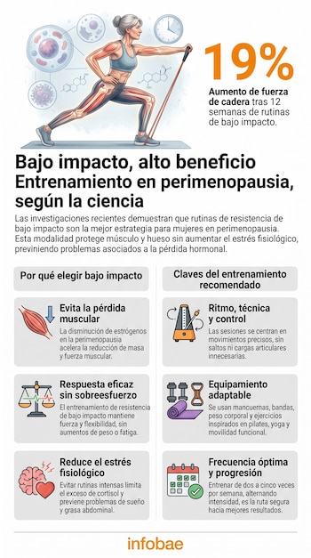 Mujer ejercitándose con banda de resistencia. Infografía con textos, iconos y datos sobre entrenamiento de bajo impacto en perimenopausia.