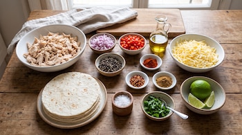 Cuencos con pollo desmenuzado, tortillas, queso rallado, verduras picadas, especias, aceite y limones sobre una mesa de madera.