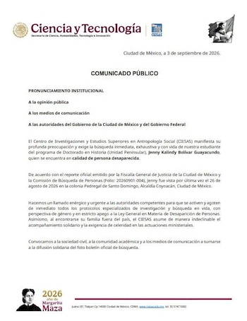 Un comunicado oficial del Centro de Investigaciones y Estudios Superiores en Antropología Social sobre una estudiante desaparecida