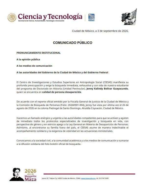 El CIESAS emitió un comunicado público para exigir la búsqueda en vida de la estudiante de doctorado Jenny Kalindy Bolívar Guayacundo, desaparecida en la Ciudad de México. (CIESAS)