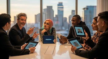 Cinco personas en una sala de reuniones con grandes ventanas; una mujer sostiene una tablet con el logo de OnlyFans y otros tienen tablets con retratos individuales.
