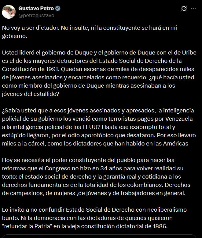 Gustavo Petro respondió a las críticas de Juan Daniel Ovideo sobre la constituyente y rechazó cualquier intención autoritaria en su gobierno - crédito red social X