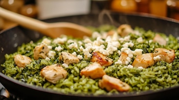 Arroz con pollo, espinaca y