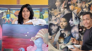 Composición dividida que muestra a una mujer y a un hombre frente a sus cuadros; el hombre sostiene un pincel y una paleta de pintura