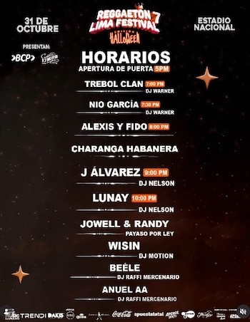 Cartel con fondo oscuro que lista los horarios y nombres de los cantantes para el festival de música del 31 de octubre en el Estadio Nacional
