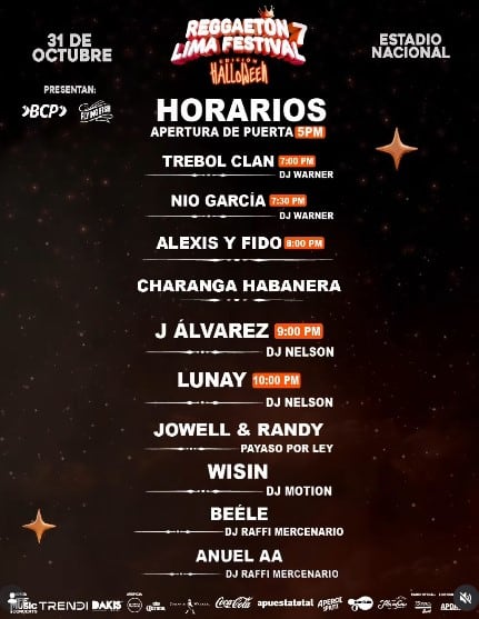 El cartel del Reggaeton Lima Festival 7 detalla el cronograma de artistas y el horario de apertura de puertas para el concierto del 31 de octubre en el Estadio Nacional de Perú.