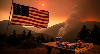 Bandera de Estados Unidos ondeando, paisaje montañoso con humo de incendio forestal, cielo anaranjado, fuegos artificiales en paquete, cinta de advertencia en mesa.