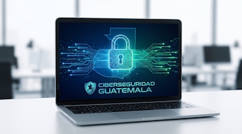Una laptop gris sobre una mesa blanca muestra una pantalla azul con un candado, el mapa de Guatemala y texto Ciberseguridad Guatemala.