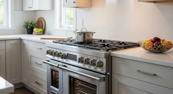 Cocina a gas moderna de acero inoxidable, horno con puerta entreabierta, un cazo en la encimera y un frutero con frutas en una cocina luminosa.